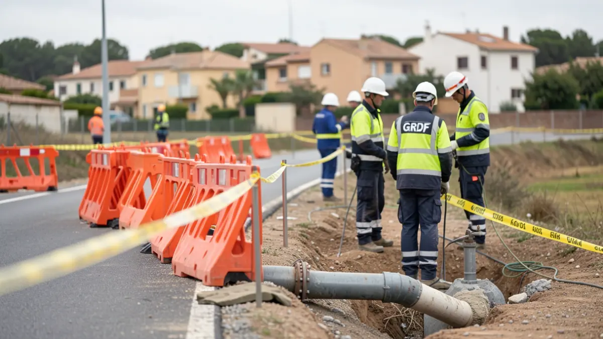 Techniciens de GRDF intervenant sur une fuite de gaz sur la route de Bessières, avec des habitations en arrière-plan.