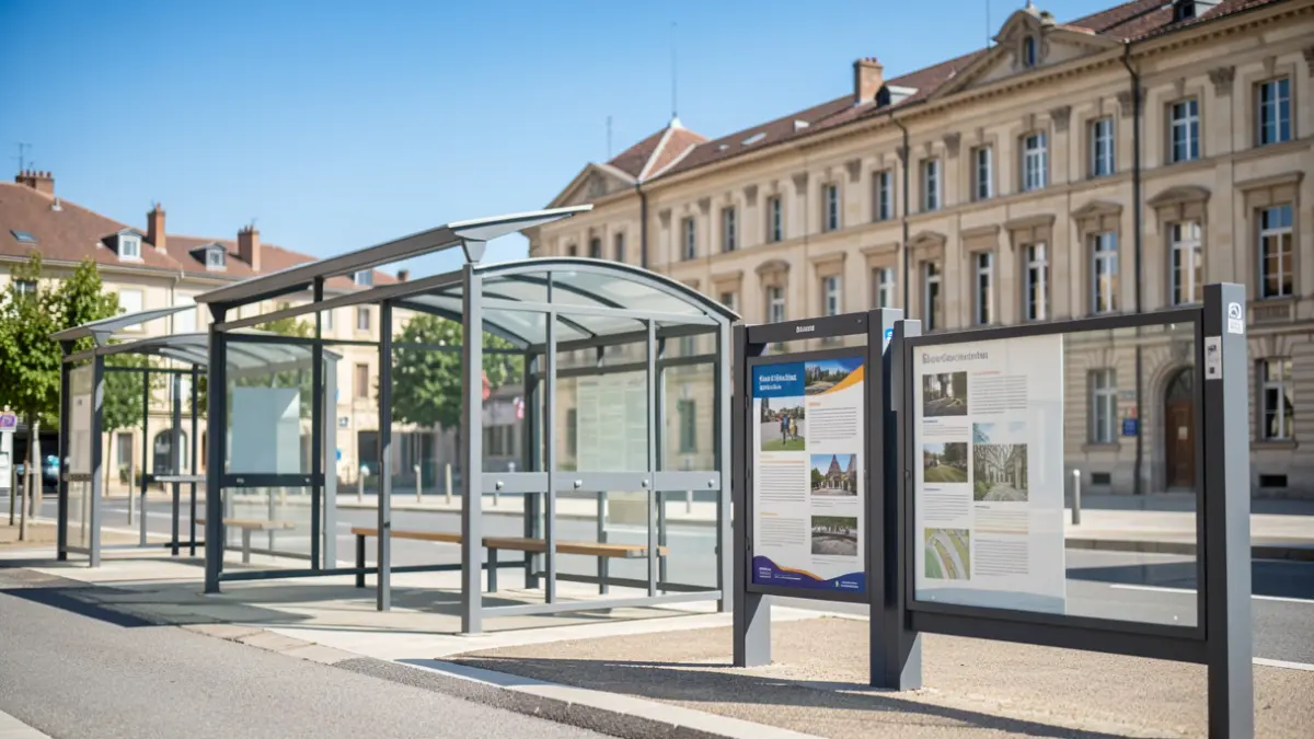 New urban furniture installed in Gaillac, including bus shelters and information panels.
