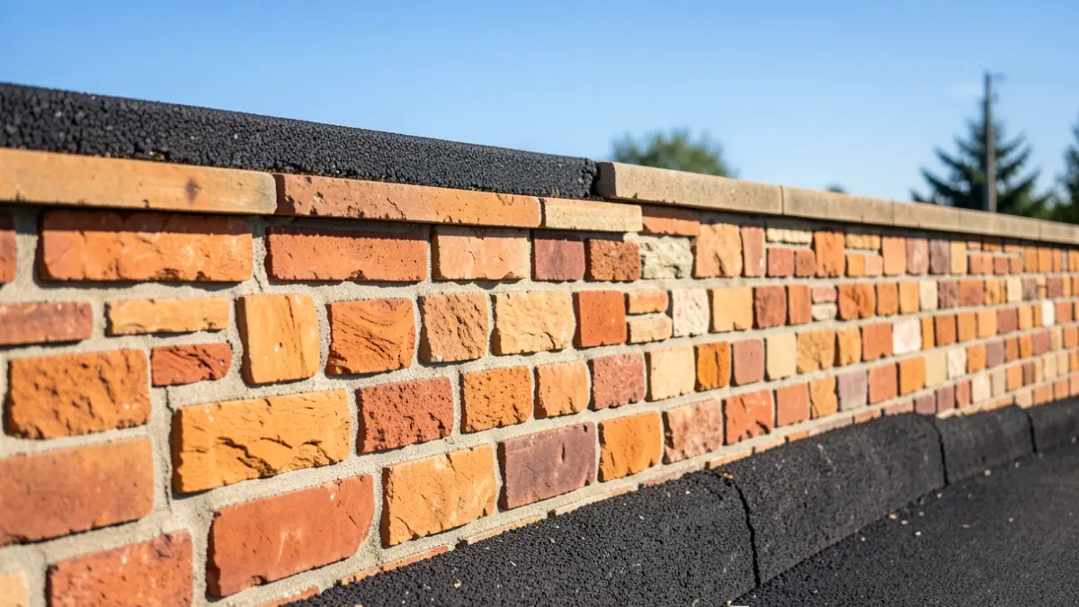 Renovated retaining wall with traditional bricks and a new road surface in Gaillac.