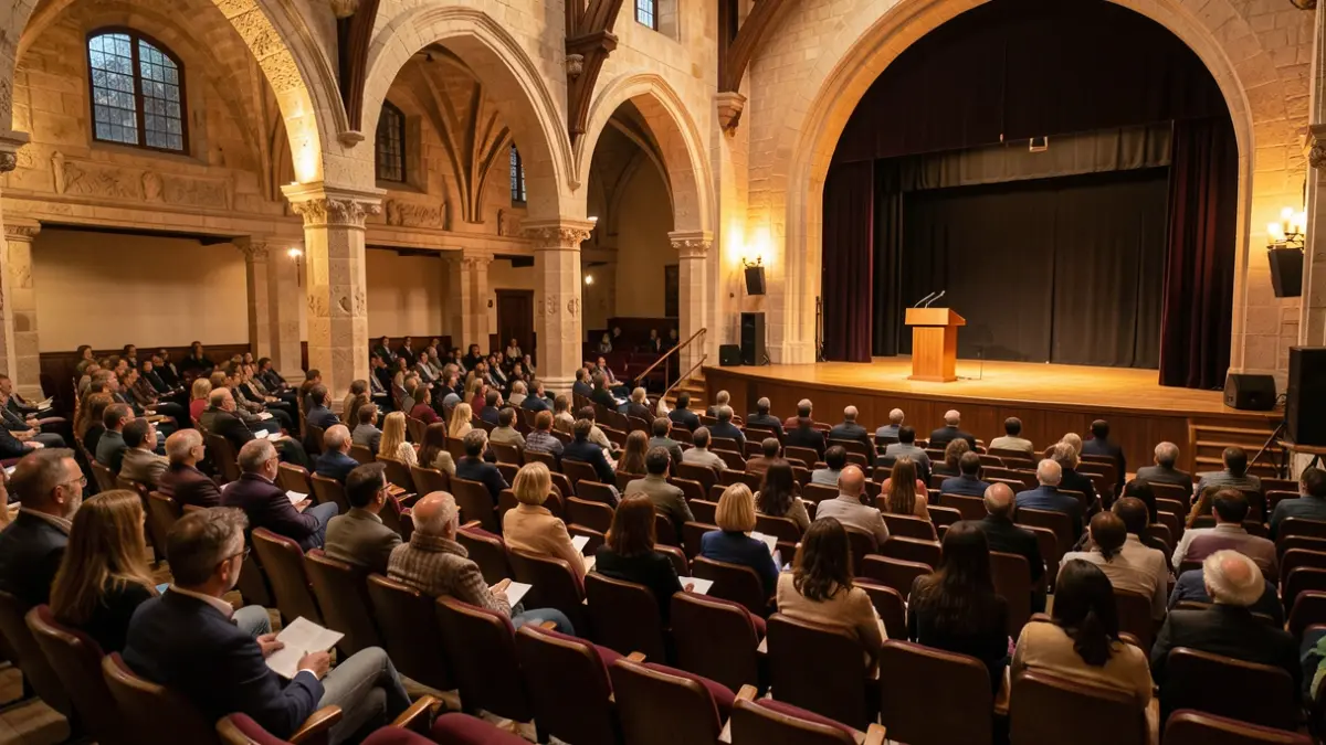 Image générique d'un auditorium public avec des sièges vides et une scène.