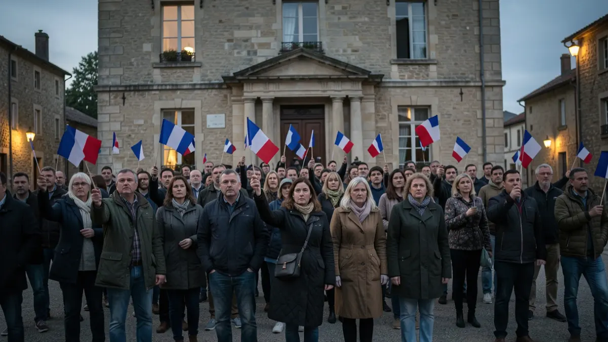 Generic image of people gathered in front of a town hall at dusk, holding French flags.