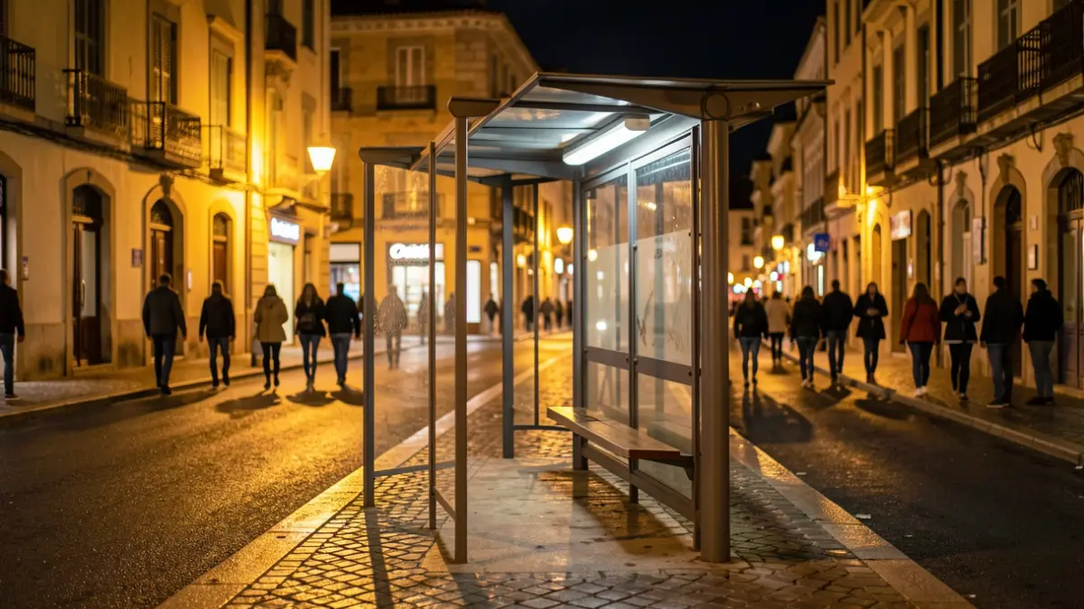 Generic image of an empty bus stop shelter at night in a Mediterranean city, warm streetlights, blurred building facades, Occitanie architecture style.