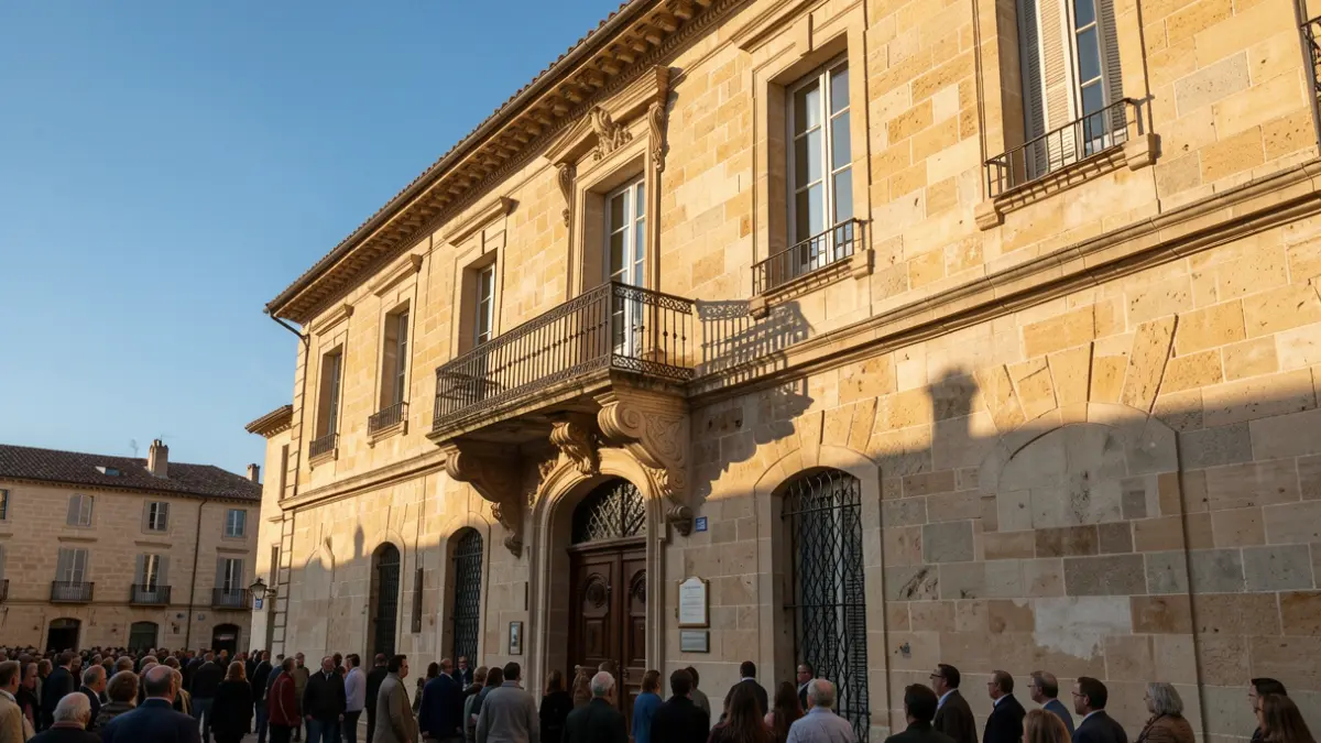 Generic image of a stone town hall facade in the South of France with a balcony and blue sky.