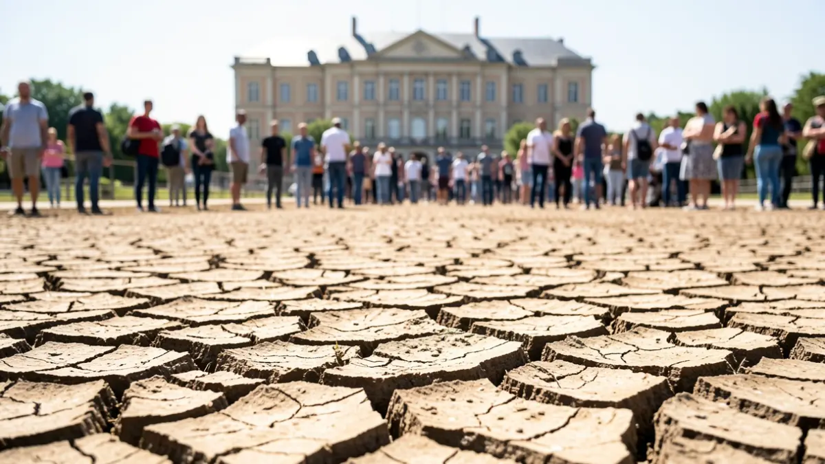 Generic image of cracked earth due to drought, with a blurred prefecture building in the background.