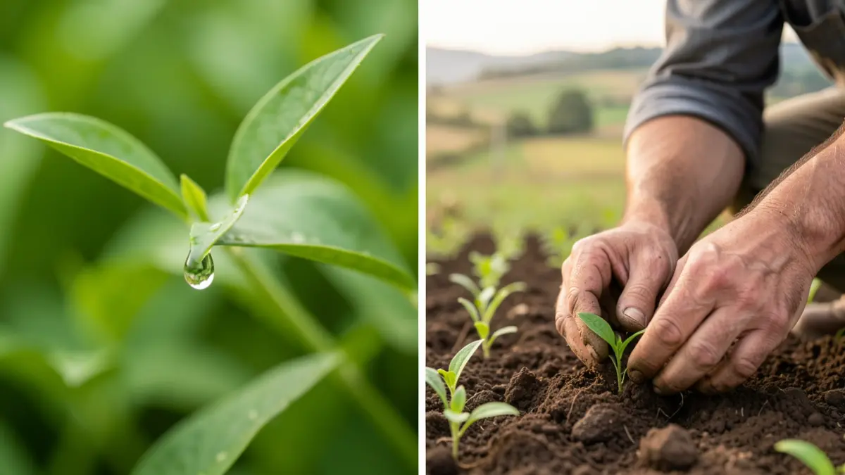 Generic image showing a water droplet on a leaf and a farmer's hands working the soil.