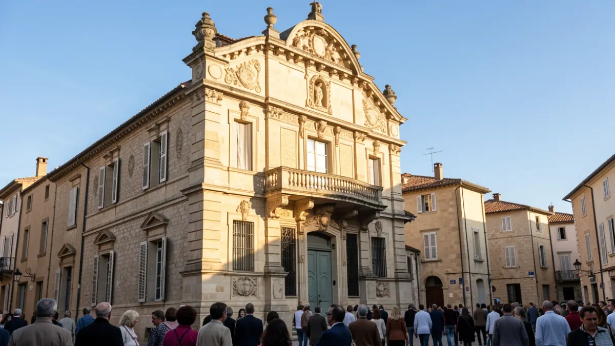 Façade d'un hôtel de ville en pierre du Sud de la France, ensoleillée.