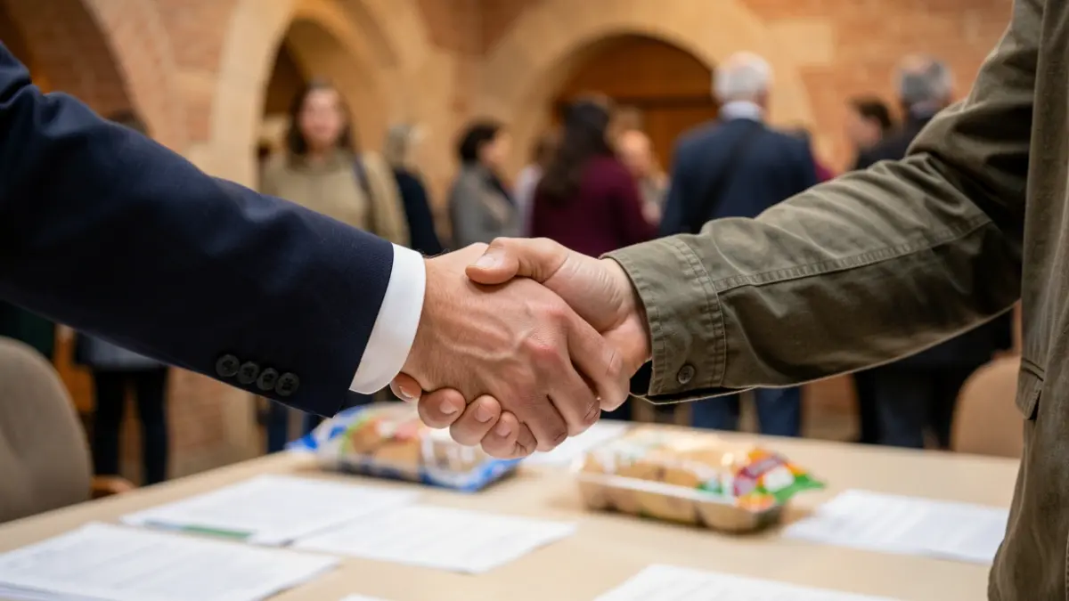 Generic image of two hands shaking over a table with documents and a suggested food parcel, in a South-Western architectural style.