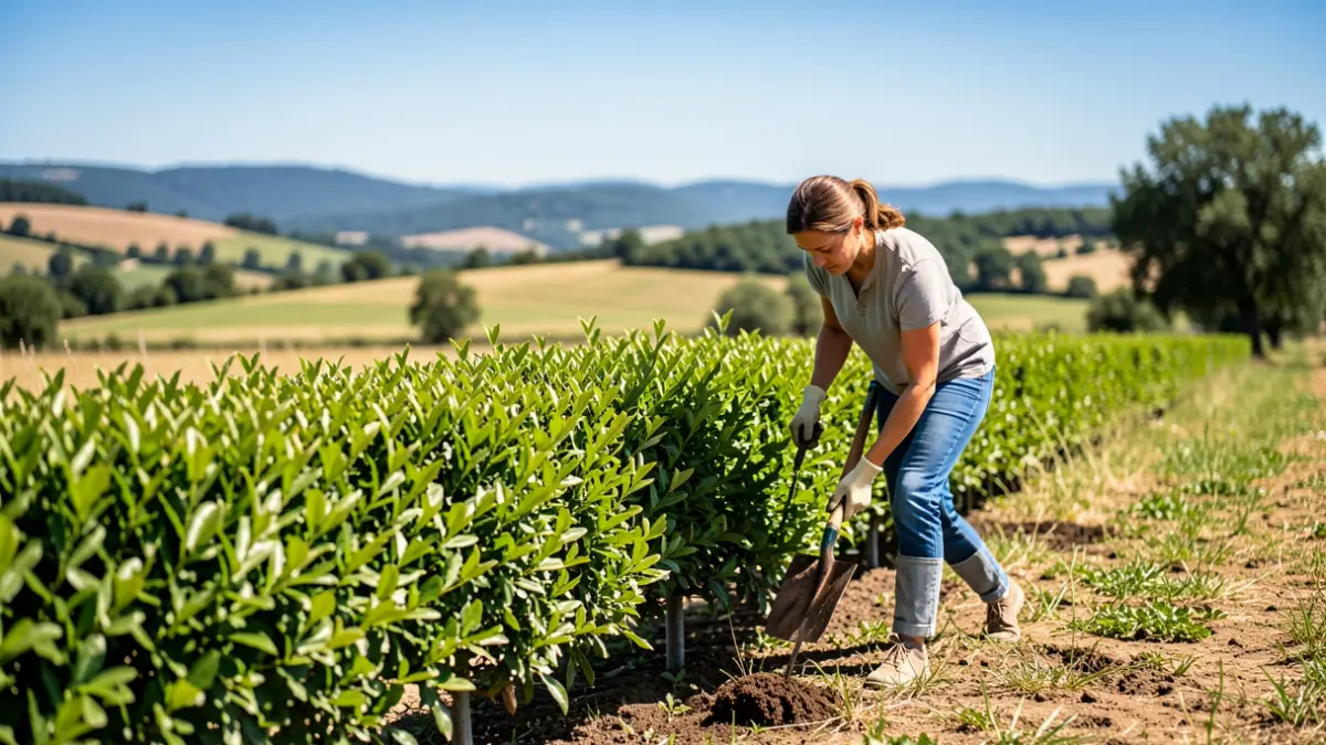 Plantation de haies dans le Gers, paysage ensoleillé d'Occitanie.