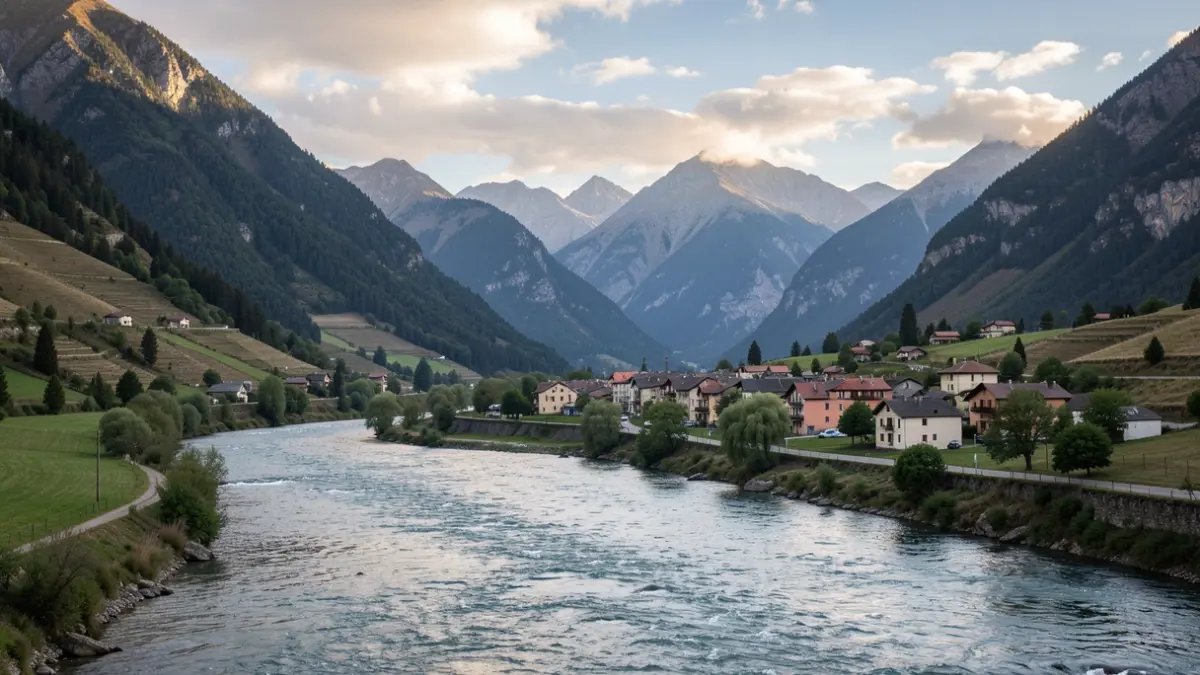 Generic image of a river flowing through a Pyrenean valley with a village.