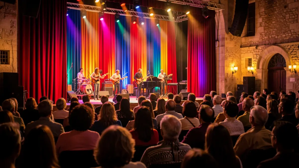 Scène de comédie musicale intergénérationnelle avec rideaux colorés et lumières.