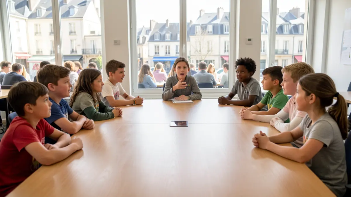 Image générique de jeunes conseillers municipaux enfants réunis autour d'une table dans une salle de réunion lumineuse.