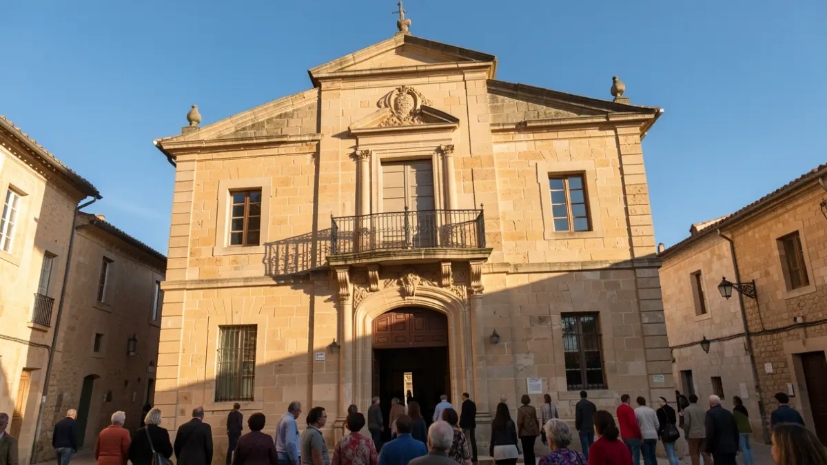 Generic image of a stone municipal building facade in the South of France, with an ornate balcony and warm shadows.