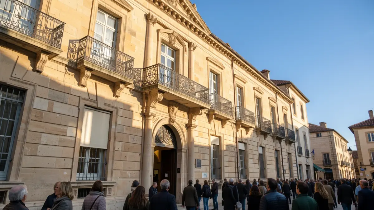 Image générique de la façade en pierre d'un hôtel de ville d'Occitanie avec balcon orné et balustrade en fer forgé, lumière chaude de l'après-midi, ciel bleu.