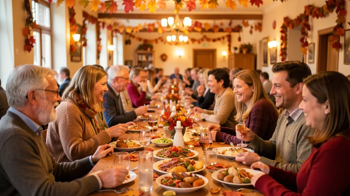 Image générique d'une réunion conviviale d'automne avec des participants partageant un repas.