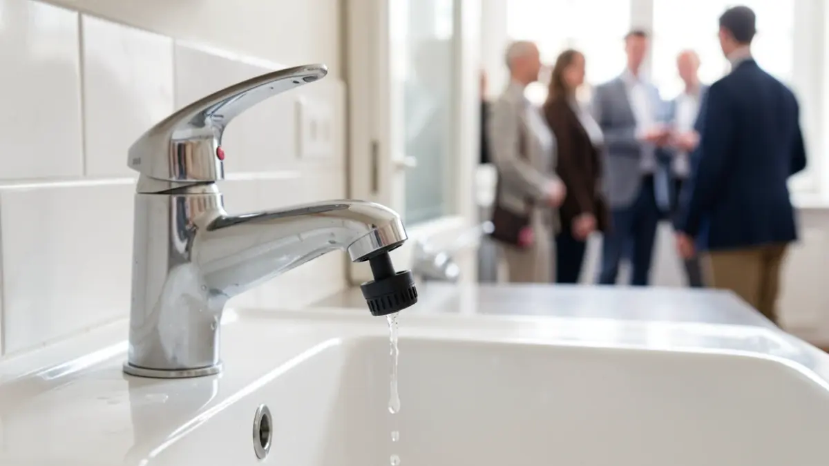Water-saving aerator device installed on a faucet.