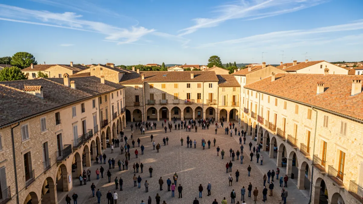 Generic image of a town square in Occitanie with stone buildings and arcades, under the afternoon sun.