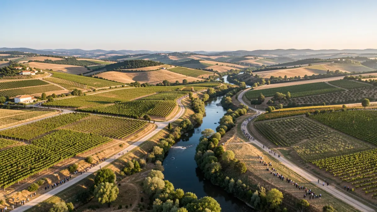 Generic image of a rural landscape in Occitanie with hills and a river.