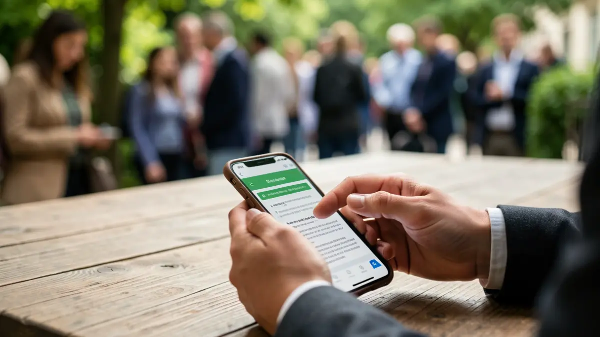 Generic image of a hand using a smartphone to calculate a carbon footprint, with a blurred green foliage background.