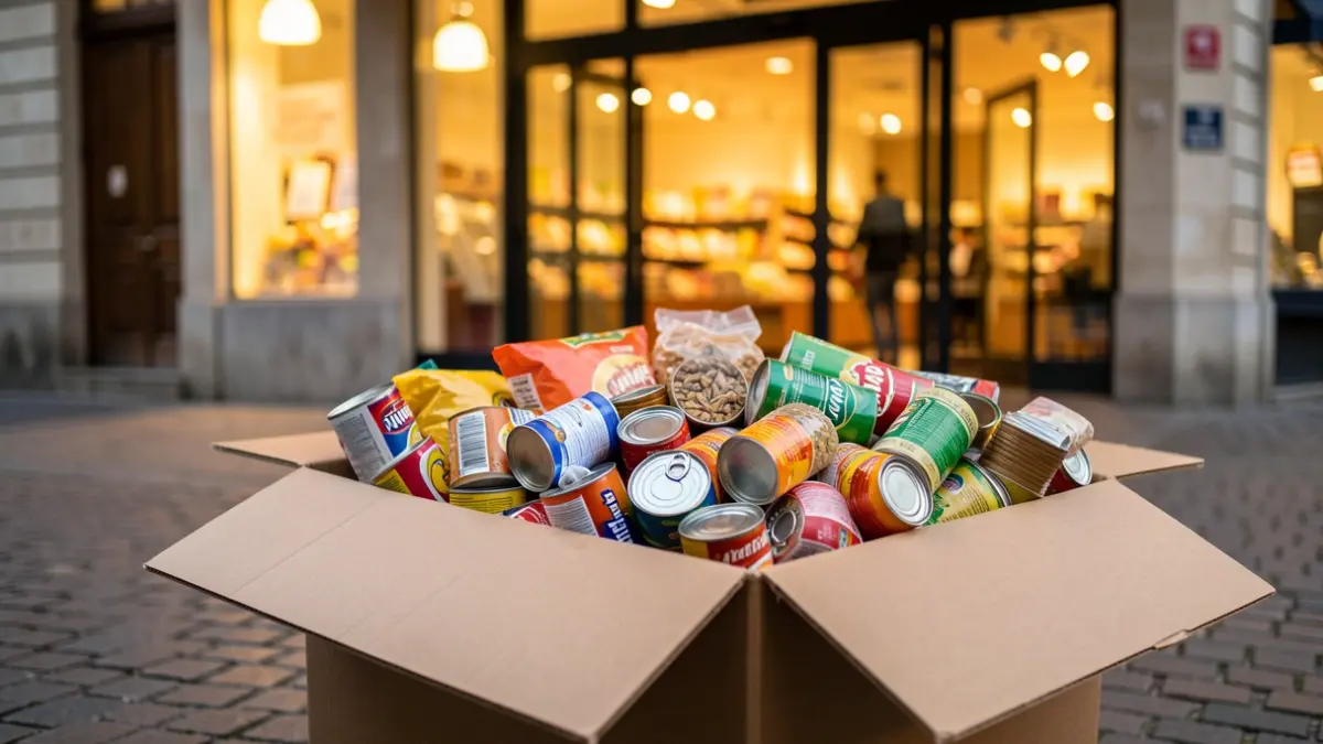 Image générique d'une boîte de collecte remplie de denrées alimentaires non périssables devant une entrée de supermarché.