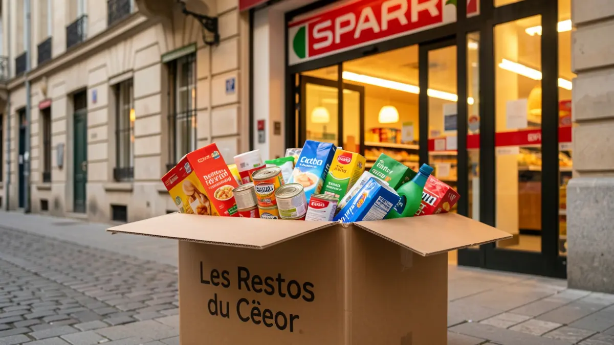 Restos du Cœur collection box filled with food and hygiene donations in front of a SPAR supermarket.