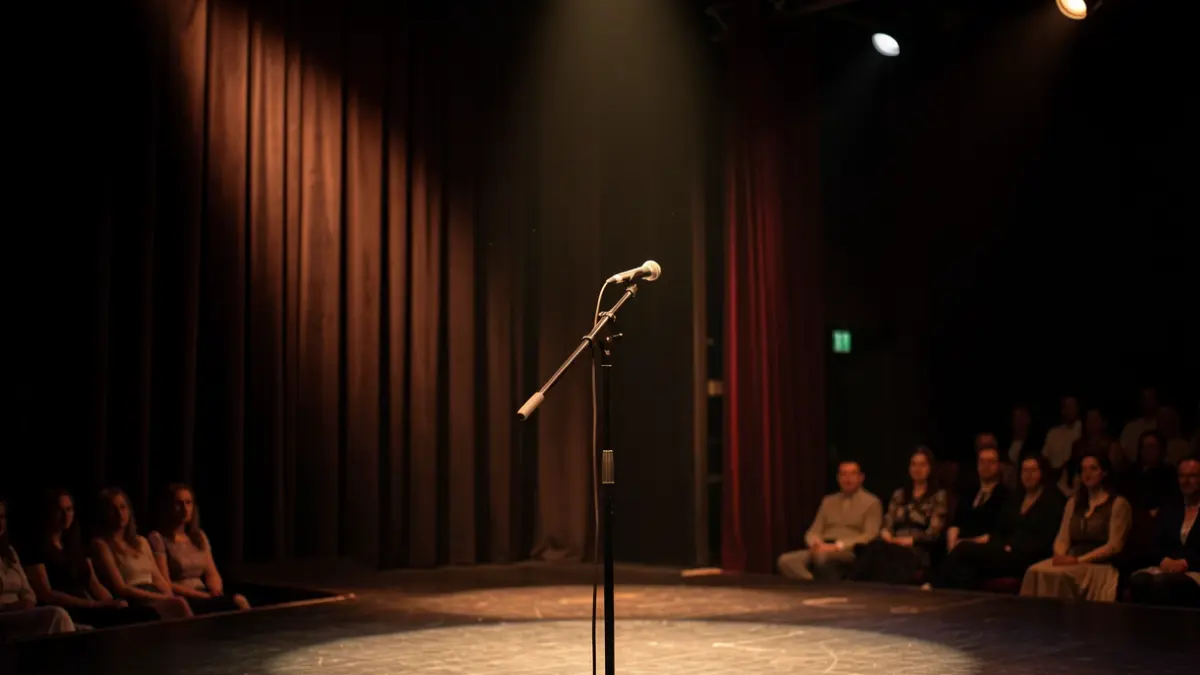 Image générique d'une scène de théâtre vide avec un microphone, éclairée par des projecteurs chauds.