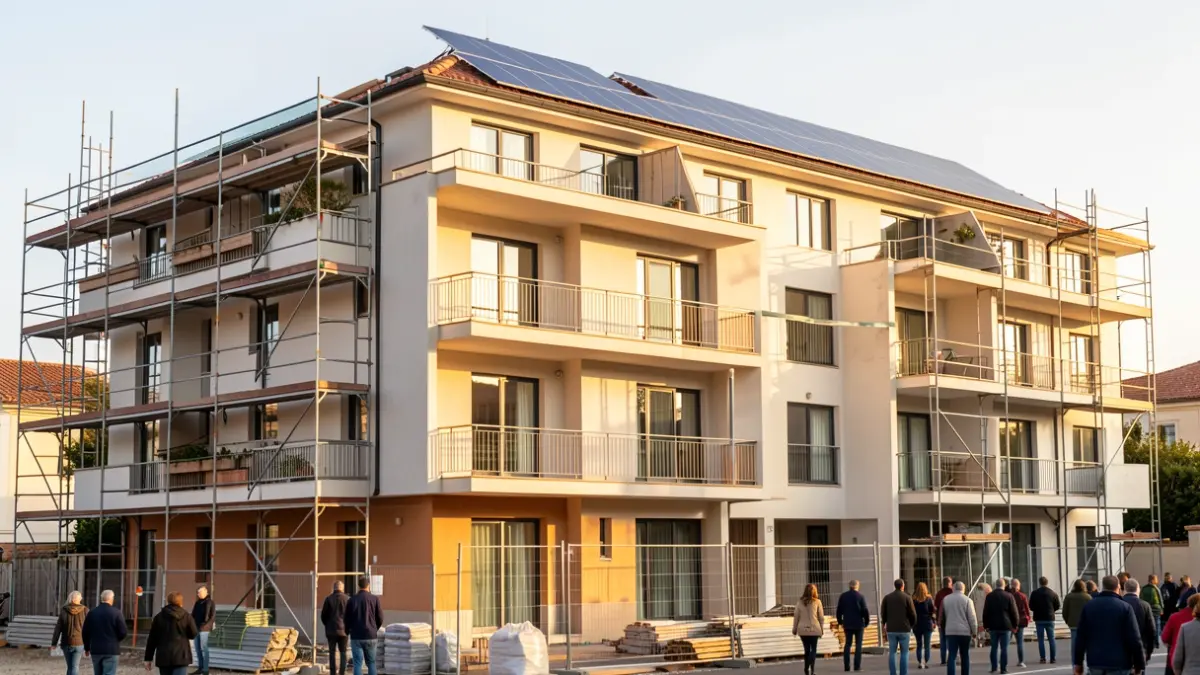 Generic image of an apartment building facade undergoing renovation, featuring solar panels and scaffolding, under late afternoon light.