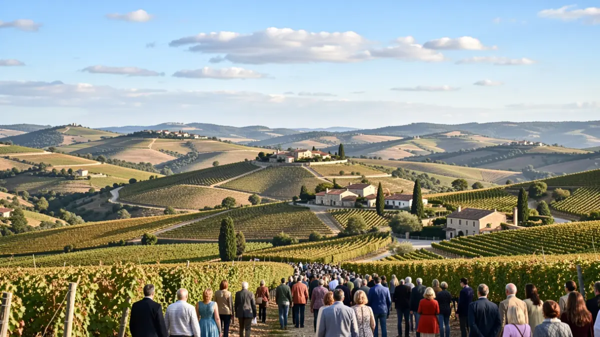 Hilly landscape of Haut-Languedoc with vineyards and scattered farmhouses under a blue sky.