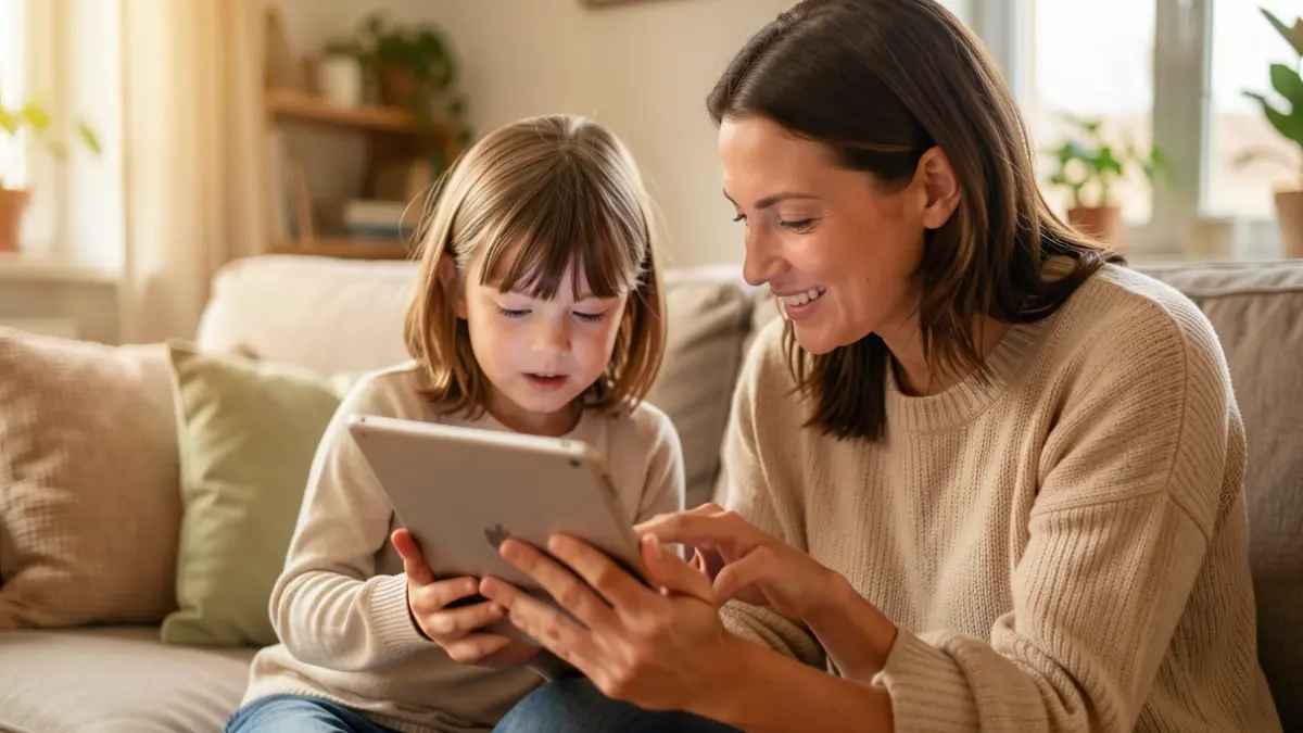 Image générique d'un parent et d'un enfant utilisant une tablette dans un salon.