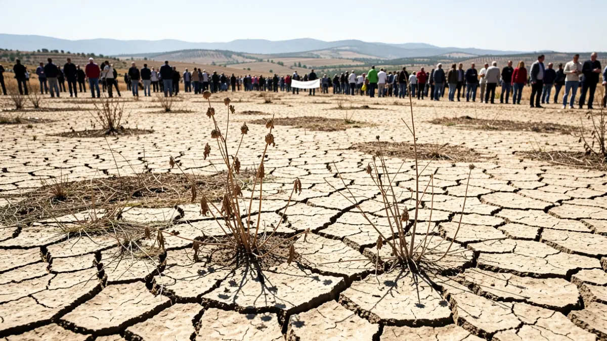 Image générique de lit de rivière asséché avec terre craquelée et plantes fanées sous un soleil intense dans le paysage du Sud de la France.