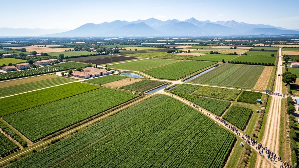 Generic image of irrigated agricultural fields in the Occitanie region, with channels and green crops under a bright sun.