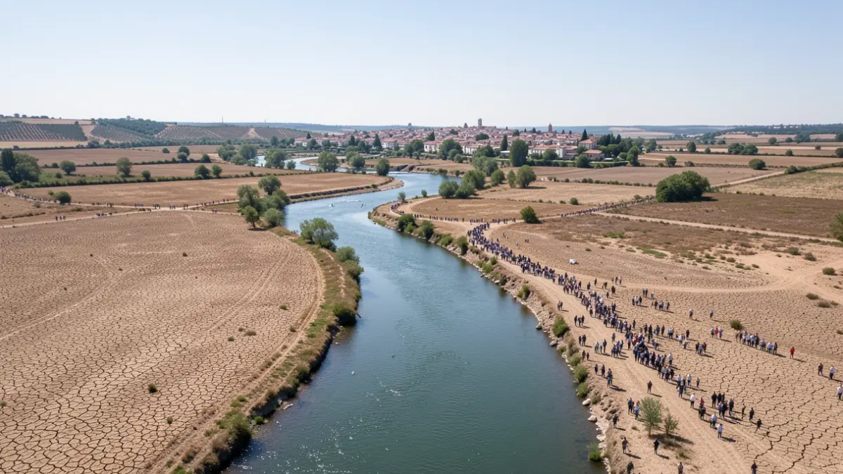 Image générique d'un cours d'eau traversant un paysage sec et craquelé dans la région Occitanie, avec une petite ville visible au loin sous un ciel clair et lumineux.