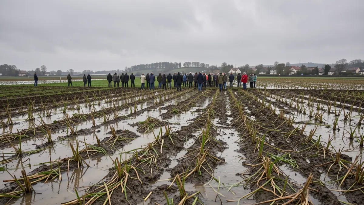 Generic image of flooded agricultural fields under an overcast sky.