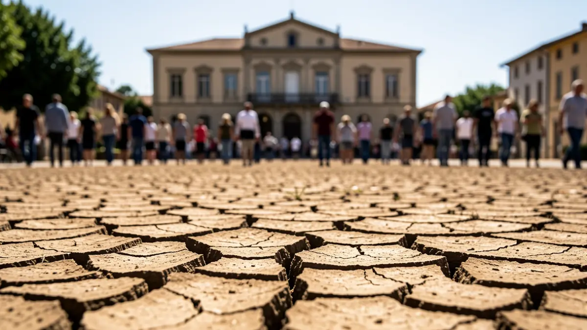Generic image of a dry riverbed under a harsh sun, with a blurred silhouette of an official building in the background.