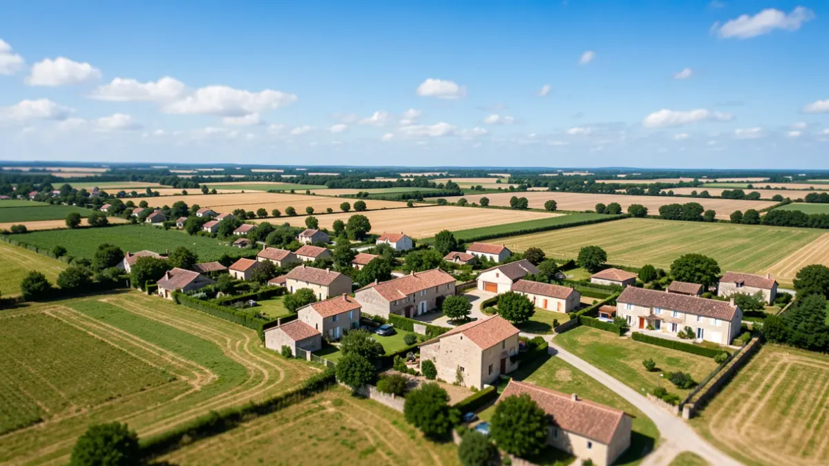 Image générique d'un paysage rural du sud de la France avec des maisons et des champs sous un ciel bleu.