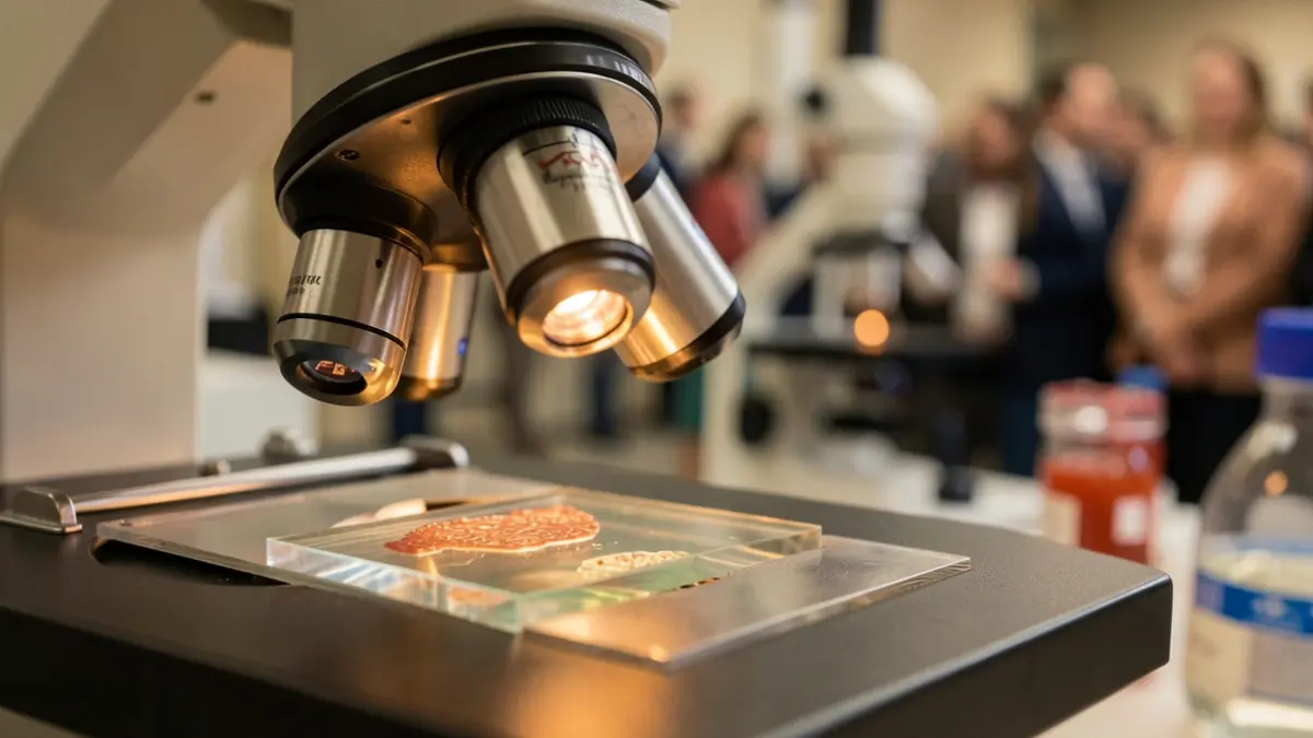 Image générique d'une lentille de microscope focalisant sur une lame, avec du matériel de laboratoire flou en arrière-plan.
