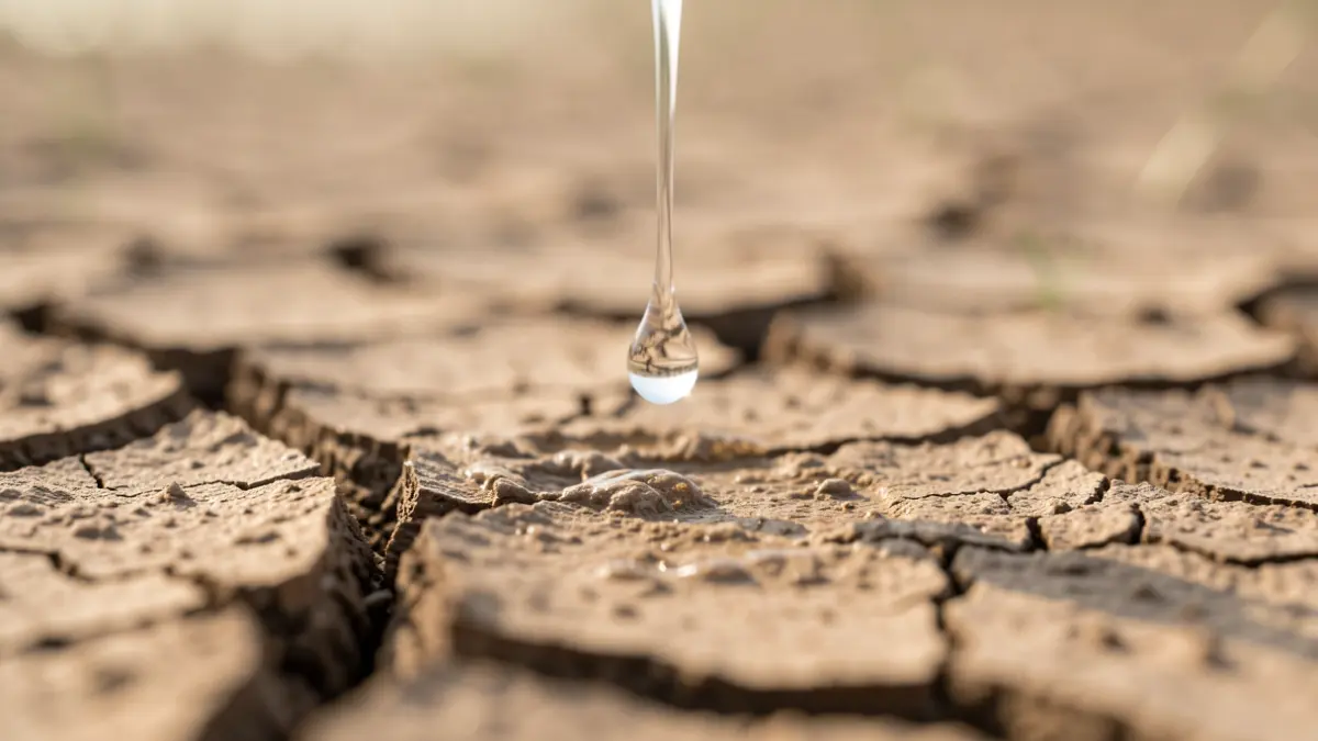 Generic image of water droplets falling on dry, cracked earth, symbolizing drought.
