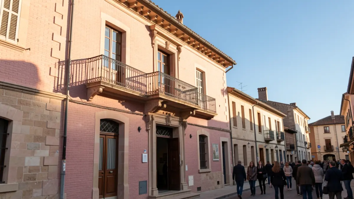 Image générique de la façade d'un hôtel de ville traditionnel en brique rose d'Occitanie avec balcon et ferronneries. Lumière douce d'après-midi.