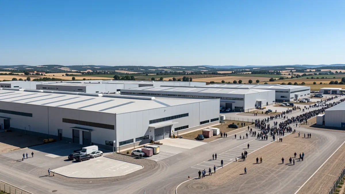 Generic image of a modern industrial park with large warehouses under a blue sky.