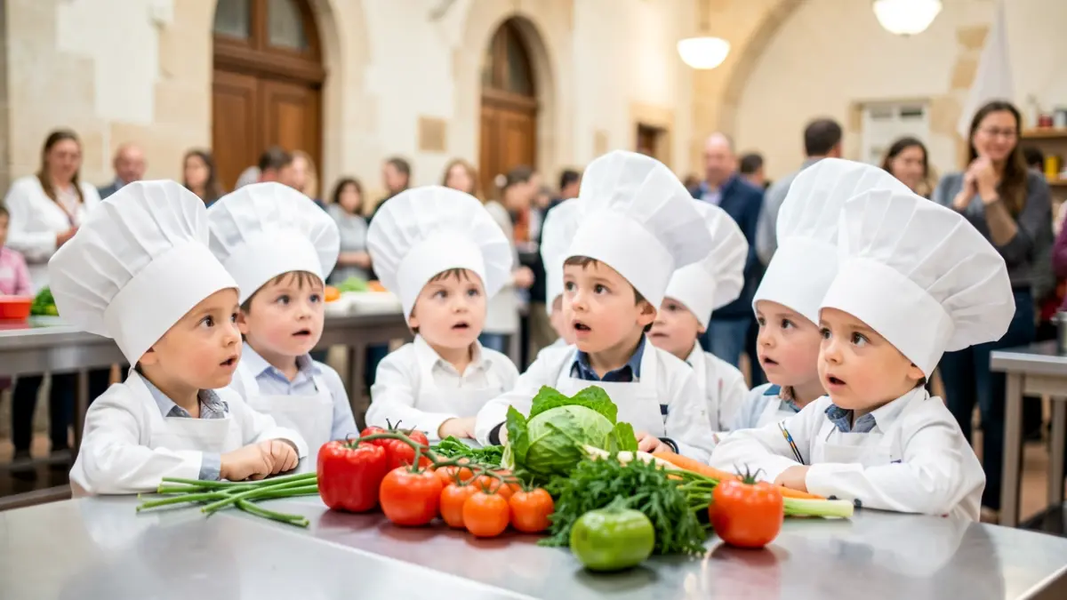 Generic image of children exploring a central kitchen. Never use proper names. Never claim it shows the real thing.
