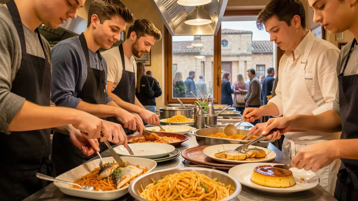 Image générique de jeunes cuisiniers préparant un repas dans une cuisine professionnelle, avec des ingrédients frais et colorés.