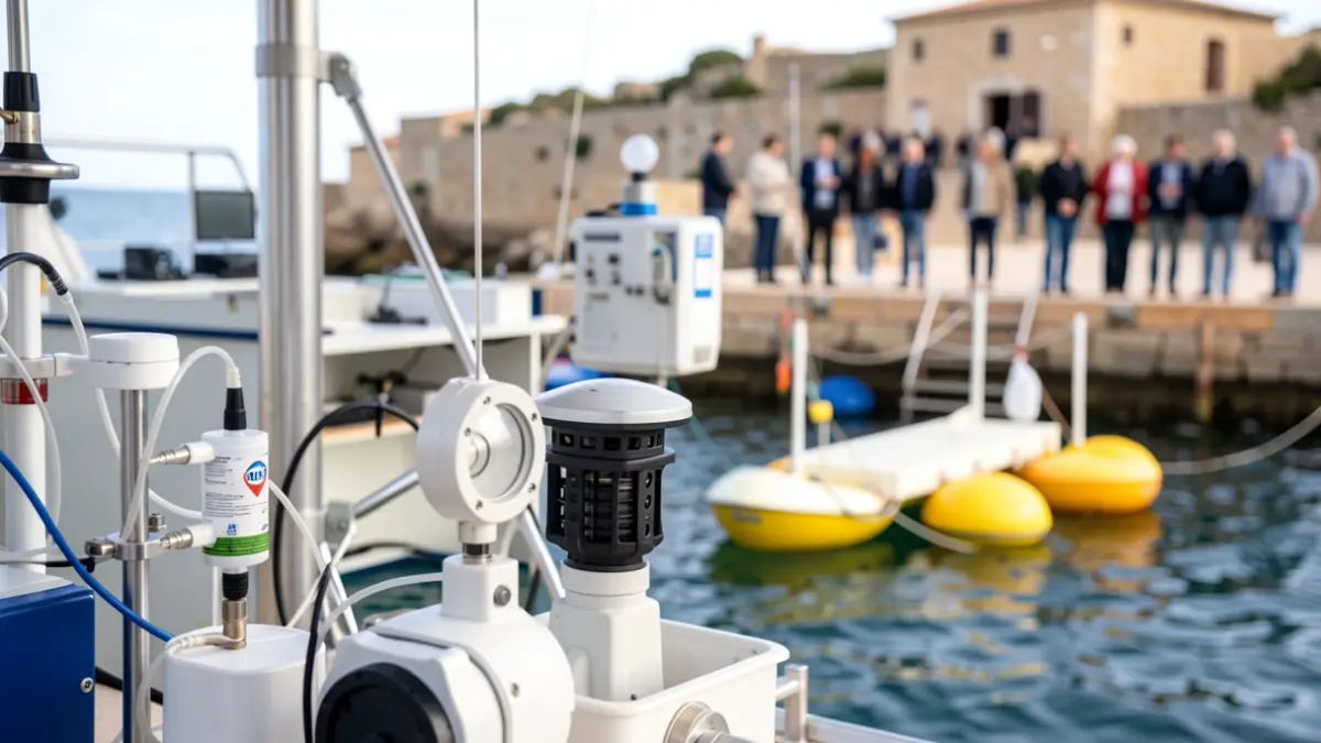 Image générique de matériel scientifique de surveillance environnementale marine, incluant des capteurs de détection atmosphérique et des bouées flottantes.