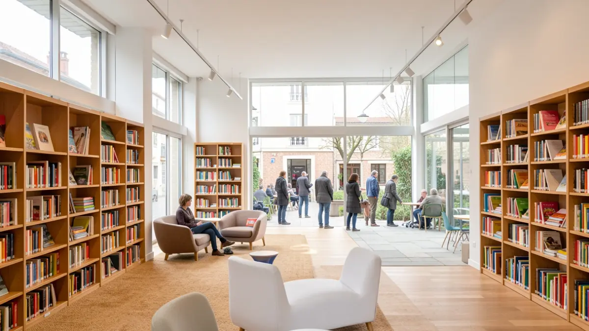 Interior of the Albi-Cantepau media library, a bright and modern space with patios.