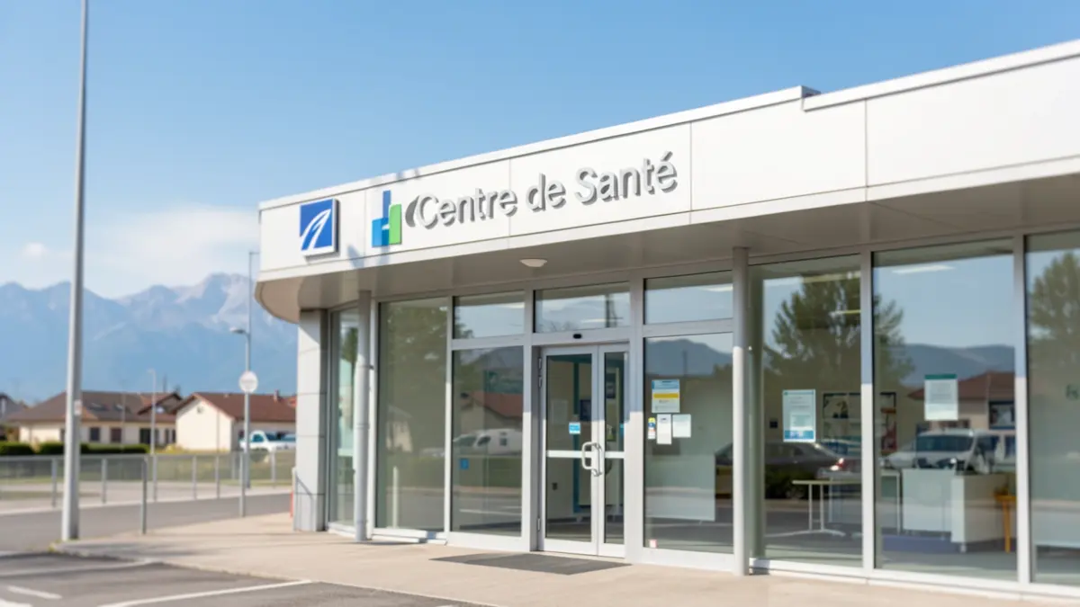 Image générique d'un centre de santé moderne avec une façade vitrée et une signalétique claire, sous un ciel bleu ensoleillé avec un aperçu des Pyrénées.