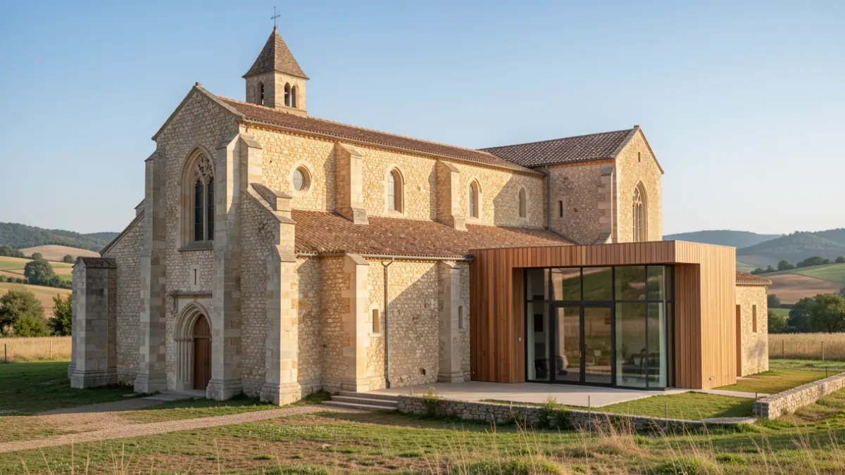 Image générique de la façade d'une abbaye historique avec une extension moderne en pierre, bois et verre, dans un paysage rural d'Occitanie.