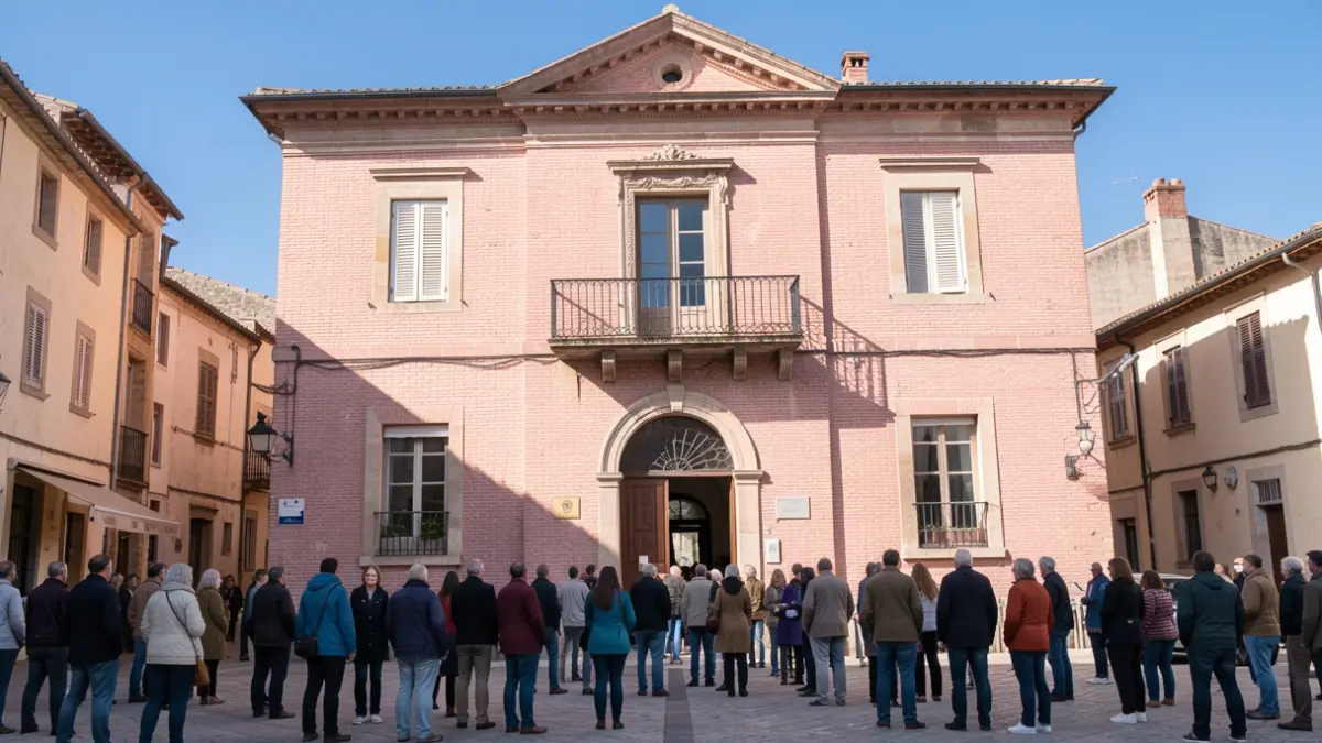 Generic image of the facade of a traditional Occitanie pink brick town hall, with a balcony and a blue sky.
