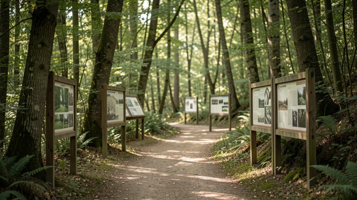 Generic image of a memorial path in a forest, with educational panels.