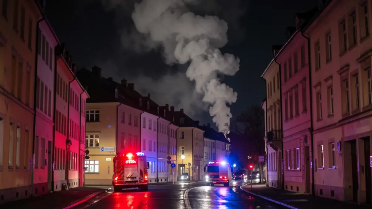 Generic image of smoke rising from a building at night, with blue and red emergency lights.