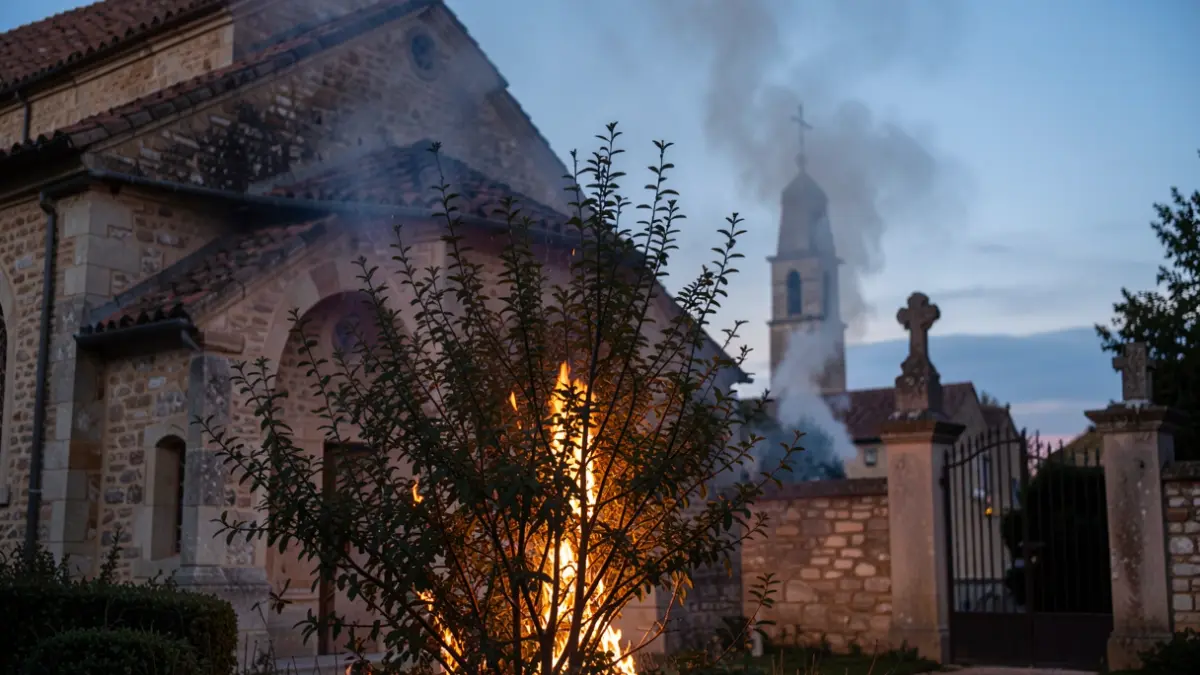Generic image of a fire limited to the vicinity of a church and cemetery, with smoke rising into the twilight sky.