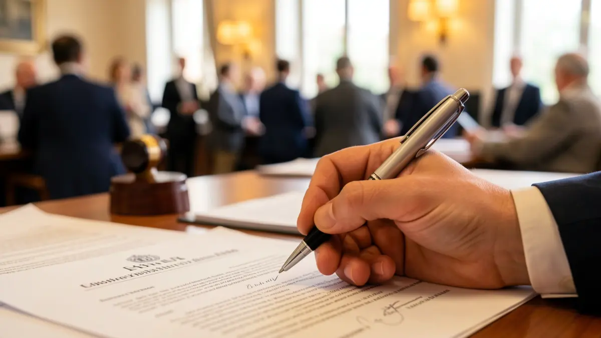 Image générique d'une main signant un document officiel.