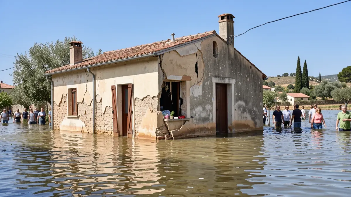 Image générique de dégâts des eaux sur une habitation dans un paysage méditerranéen.